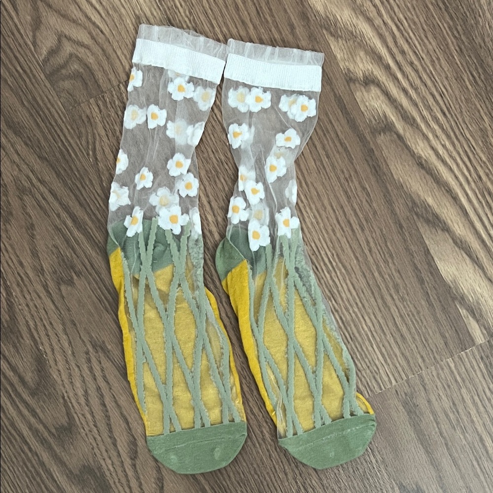 Floral Sheer Socks with Green and Yellow Accents